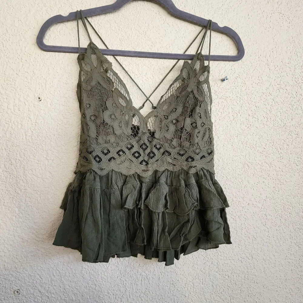 Free‎ People Adela Cami Olive Green Tank Top Size M  Lace NWT  Party Cami - Picture 6 of 12